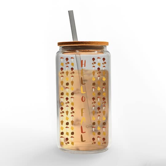 Hello Fall Leaf Border 16oz. Glass Can Cup